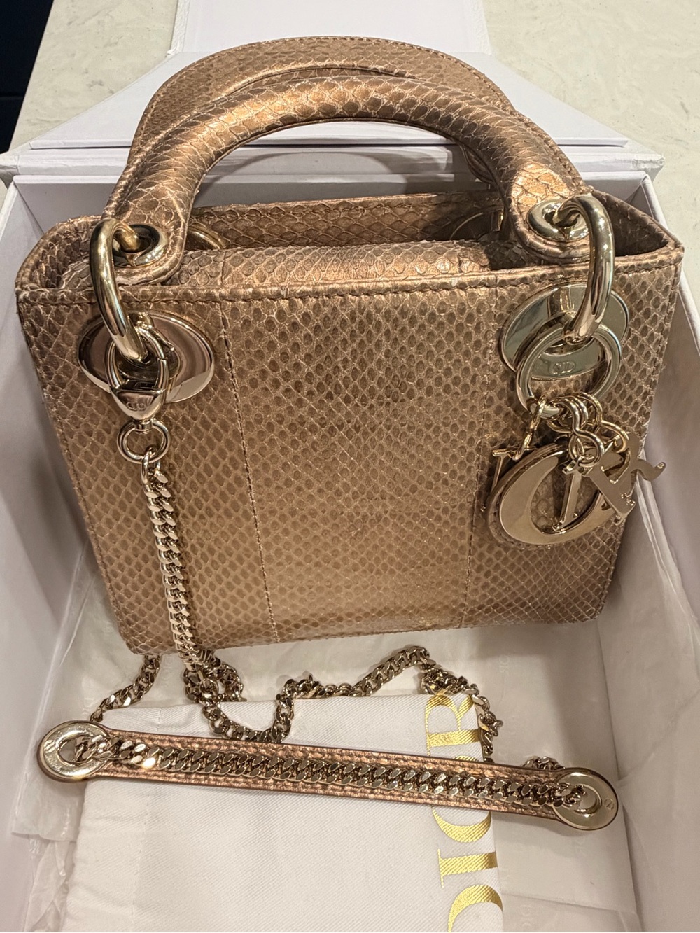 Dior Metallic Gold Python Lady Dior Top Handle Satchel - Picture 3 of 10